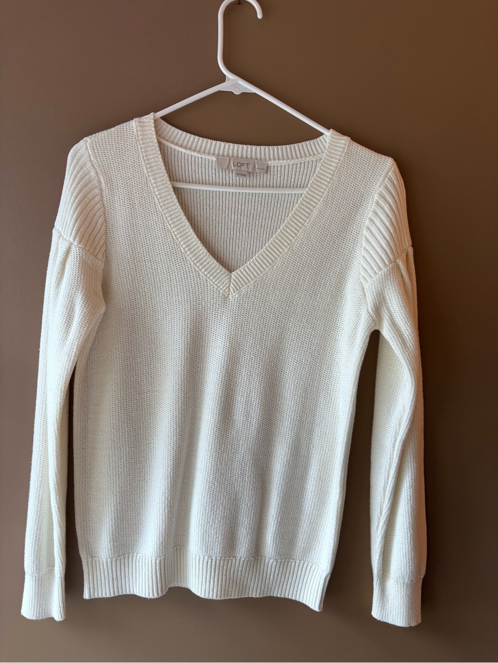 LOFT Cream V-Neck Ribbed-Trim Knit Sweater